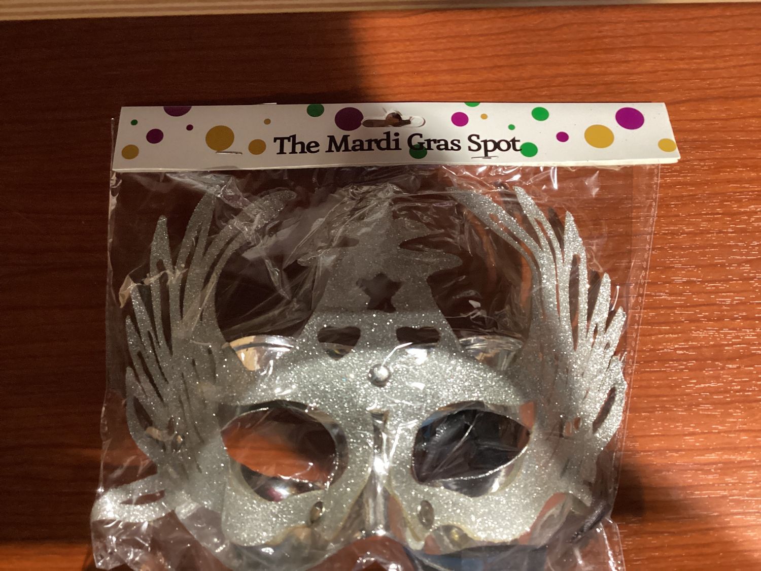 Shiny Silver Masquerade Mask with Attached Silver Glittered Accent and Ribbon Tie (Each)