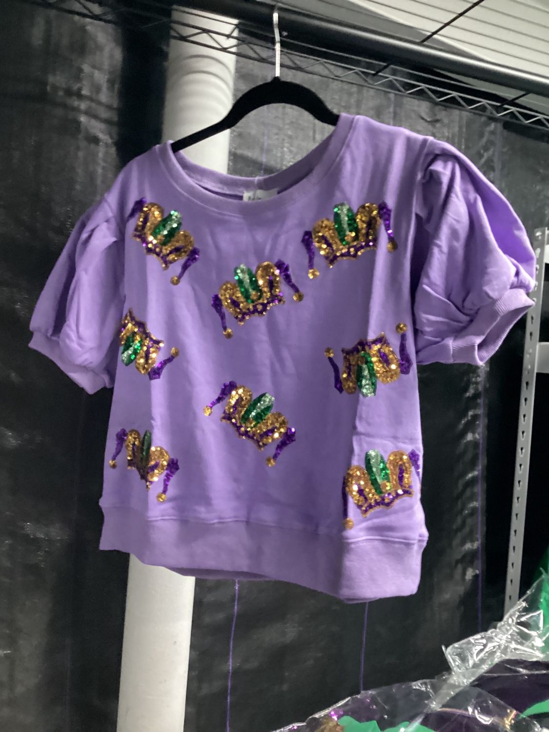 Sequins Mardi Gras Crowns Puffed Sleeve Crop Top - Large (Each)