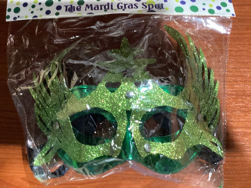 Shiny Green Masquerade Mask with Attached Green Glittered Accent and Ribbon Tie (Each)