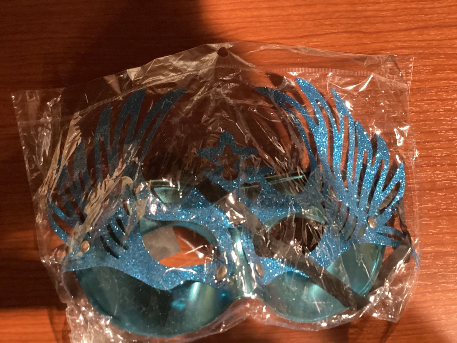 Shiny Blue Masquerade Mask with Attached Blue Glittered Accent and Ribbon Tie (Each)