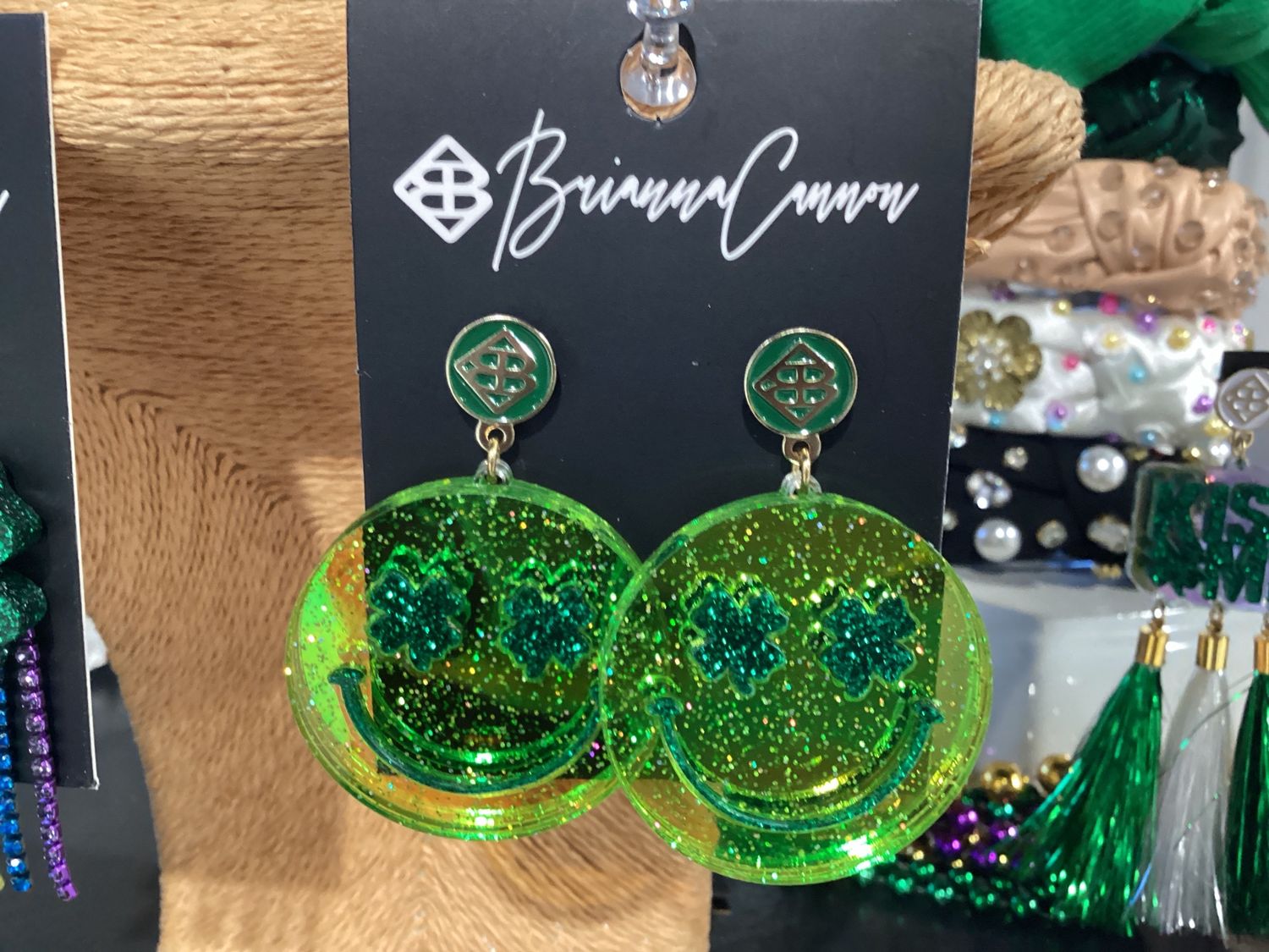 St Patrick's Day 2022 - Green Glitter Holographic Clover Smiley Face Earrings