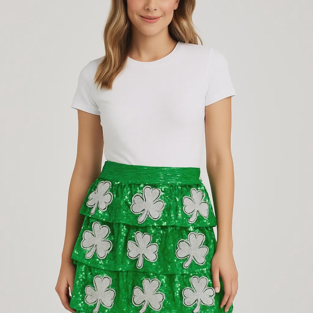 St. Patrick's Sequin Clovers Tiered Green Skirt - Small (Each)