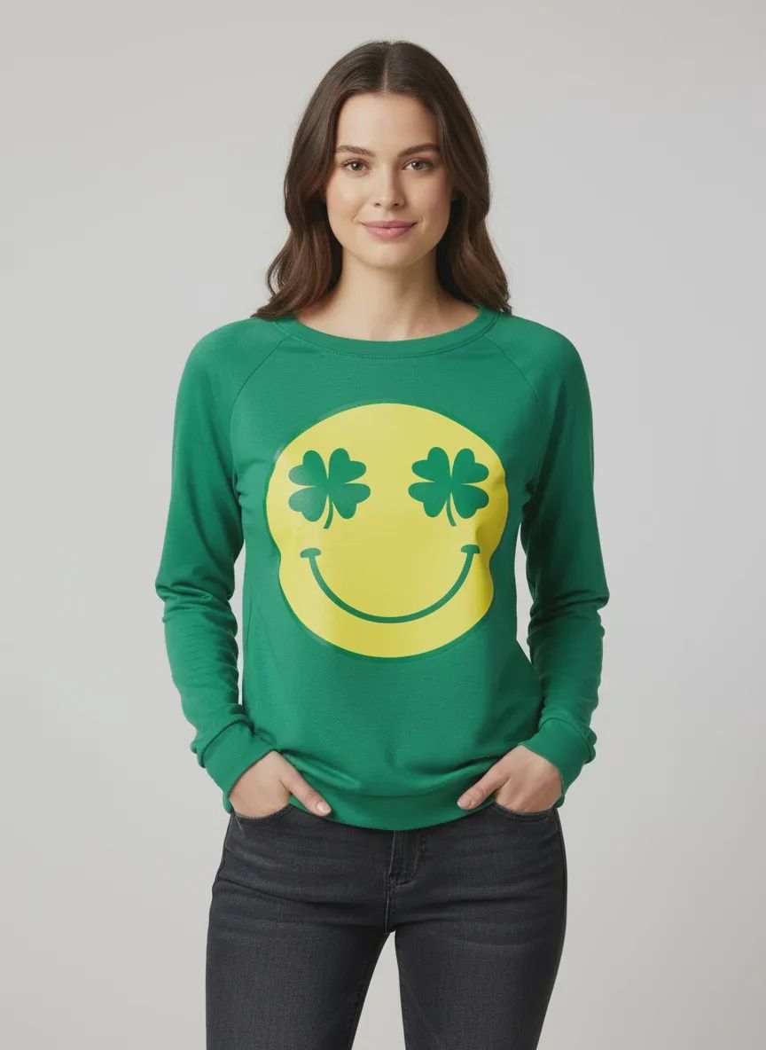 St. Patrick's Smile Face with Clover Graphic Long Sleeve Top - Large (Each)