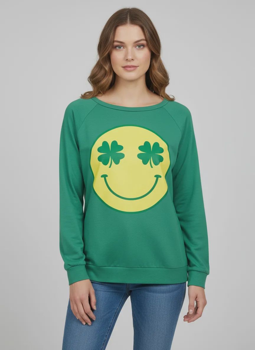 St. Patrick's Smile Face with Clover Graphic Long Sleeve Top - Small (Each)