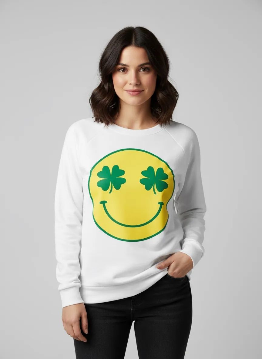St. Patrick's Smile Face with Clover Graphic Long Sleeve Ivory Top - Large (Each)