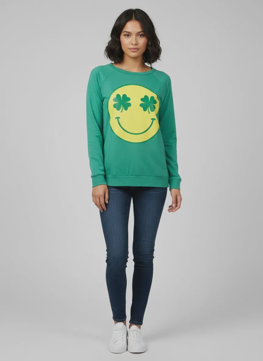 St. Patrick's Smile Face with Clover Graphic Long Sleeve Top - X-Large (Each)