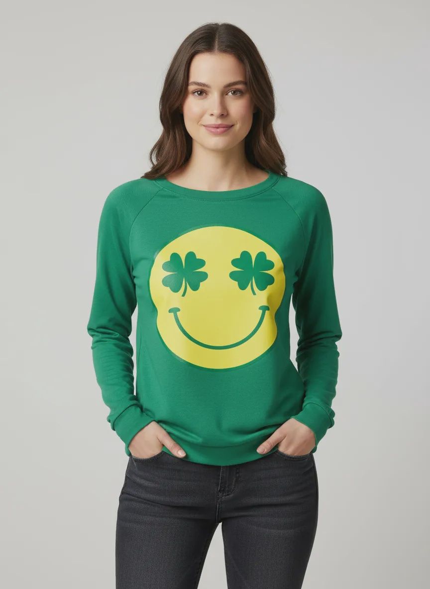St. Patrick's Smile Face with Clover Graphic Long Sleeve Top - Medium (Each)
