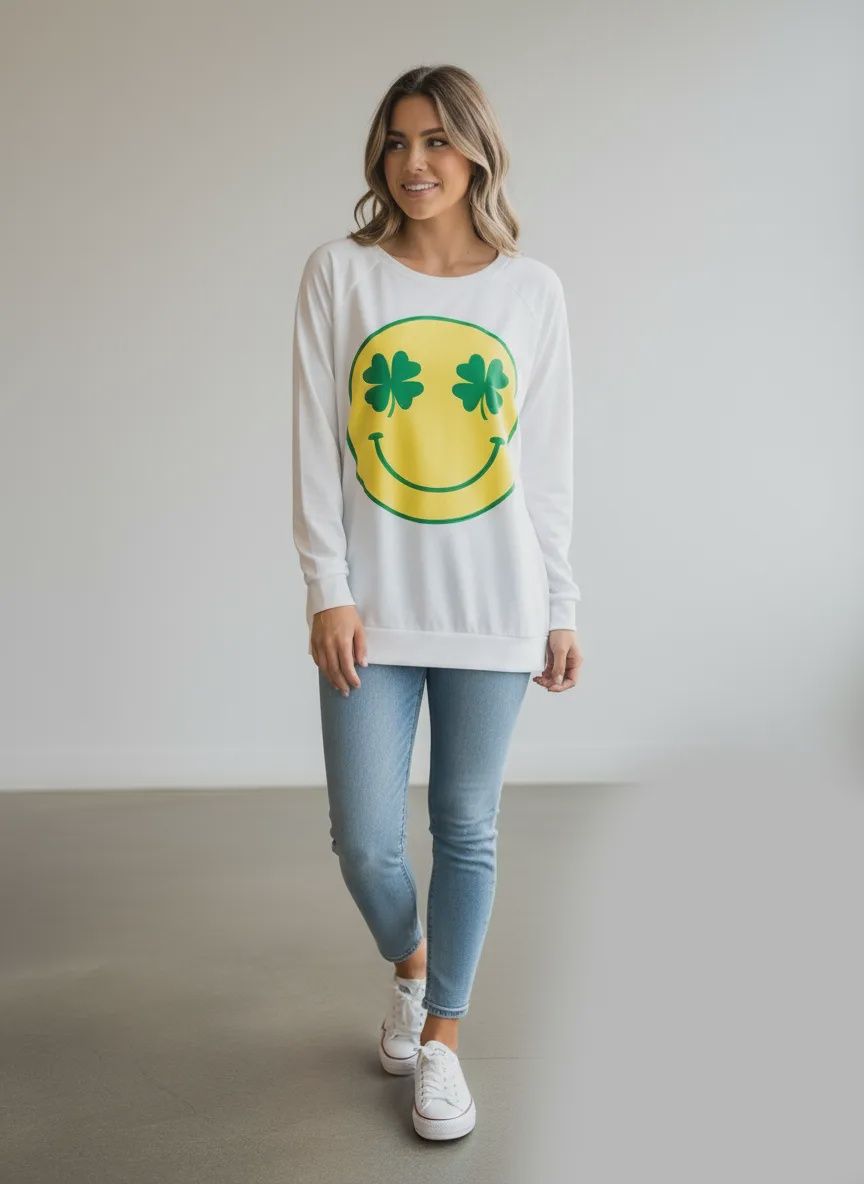 St. Patrick's Smile Face with Clover Graphic Long Sleeve Ivory Top - X-Large (Each)