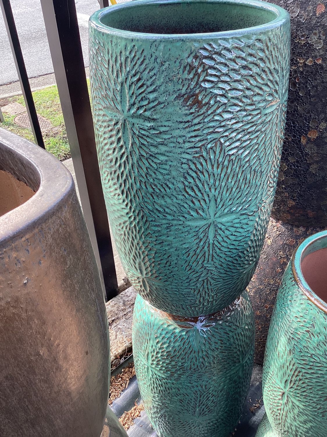 Tall Round Planter with Flower Design, Large 25&quot;x14&quot;, Country Green