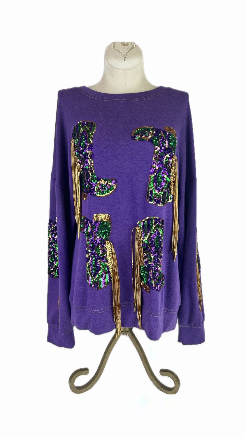 Vintage Washed Purple Fringed Embroidered Sequin Mardi Gras Boots Pullover - XLarge (Each)