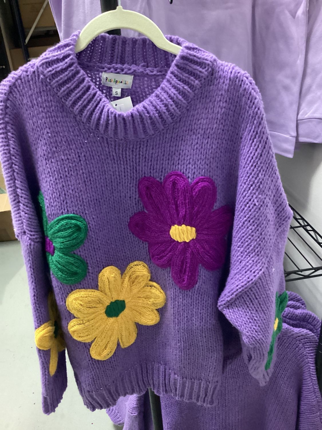 Violet Sweater with Mardi Gras Colors Embroidered Flowers - Small (Each)