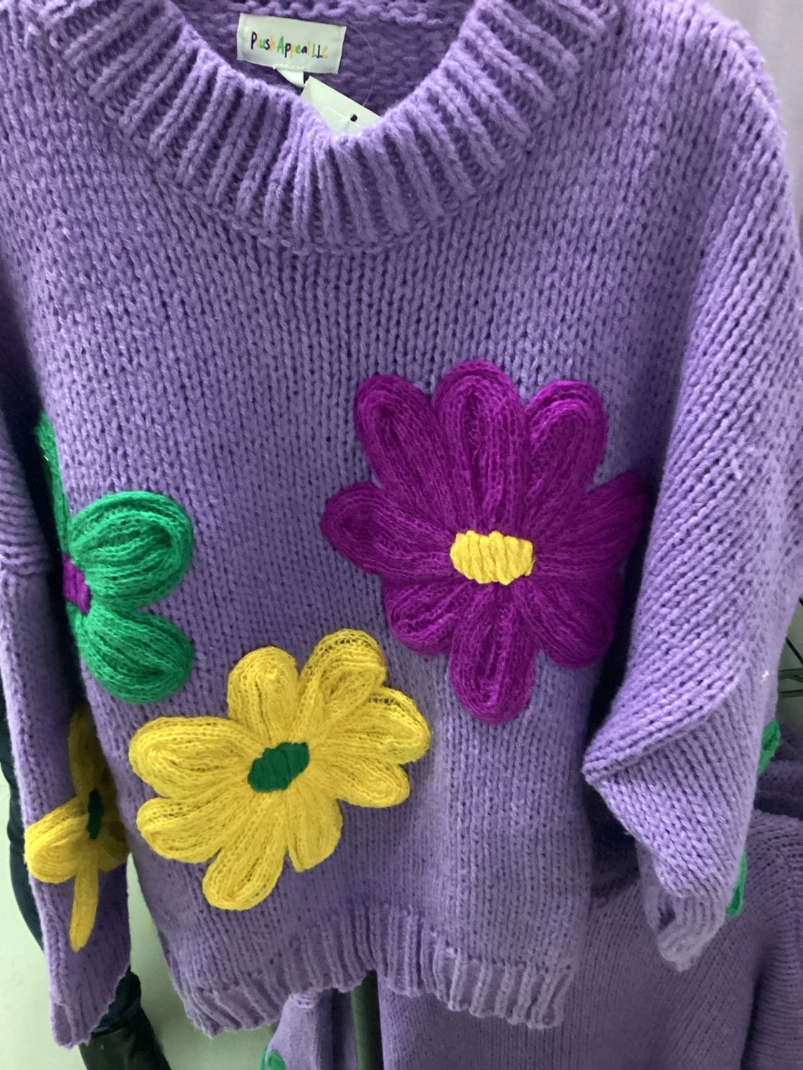 Violet Sweater with Mardi Gras Colors Embroidered Flowers - X-Large (Each)