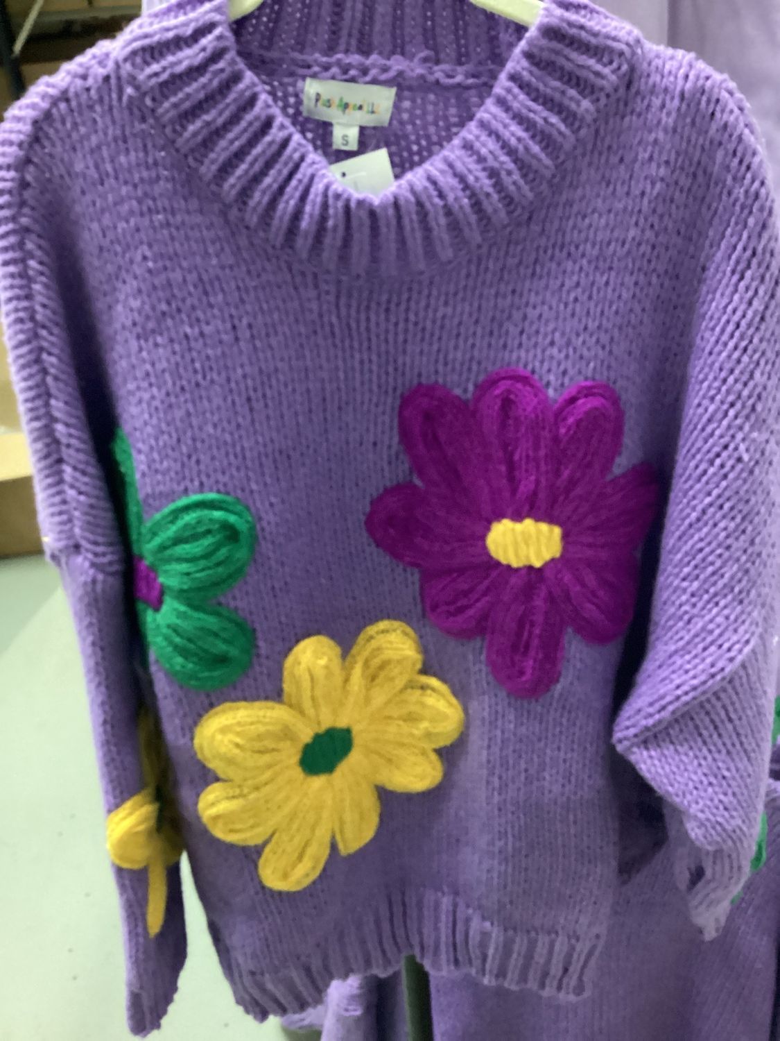 Violet Sweater with Mardi Gras Colors Embroidered Flowers - Medium (Each)
