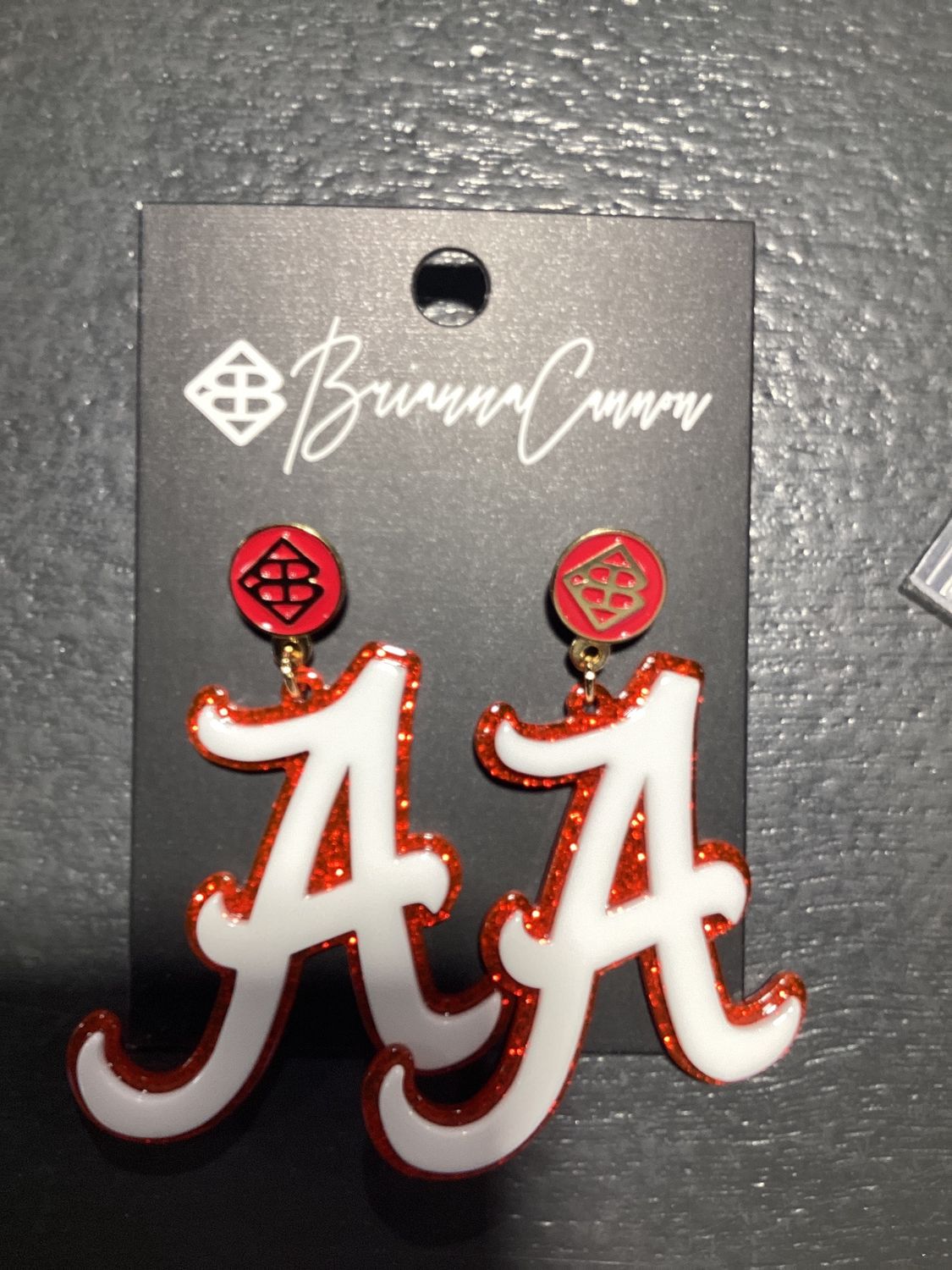 White and Crimson Glitter Alabama A Earrings