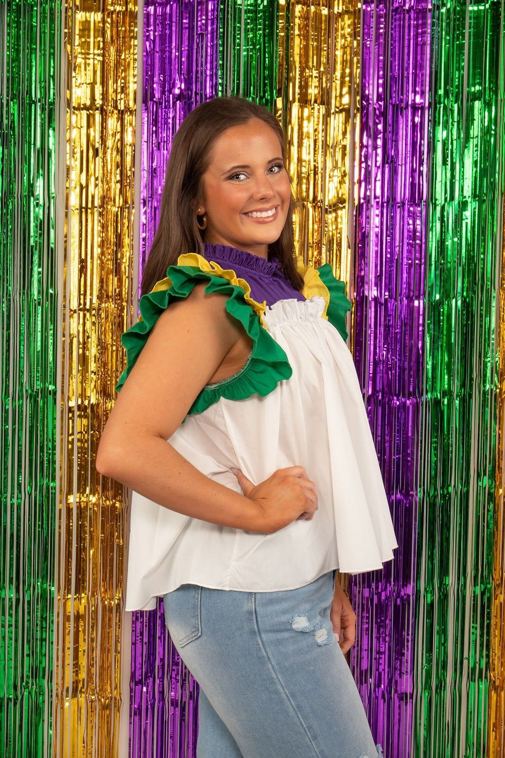 White Mardi Gras Layered Ruffle Sleeve Top - Large (Each)