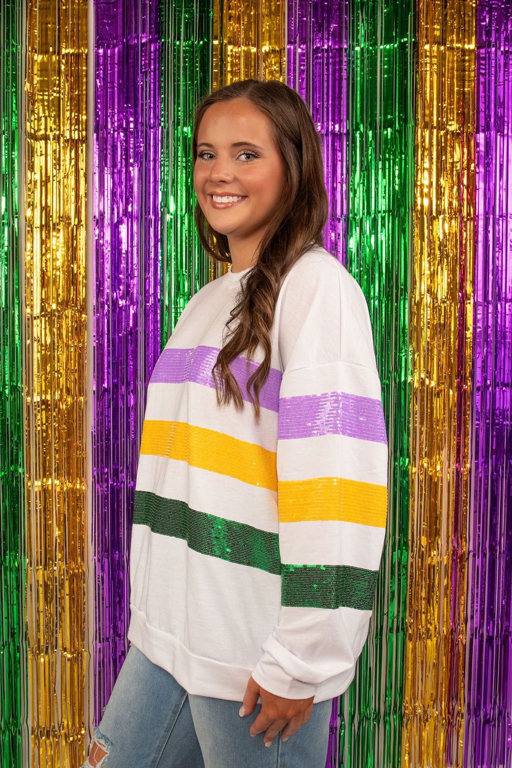 White Mardi Gras Stripe Pullover - Large (Each)