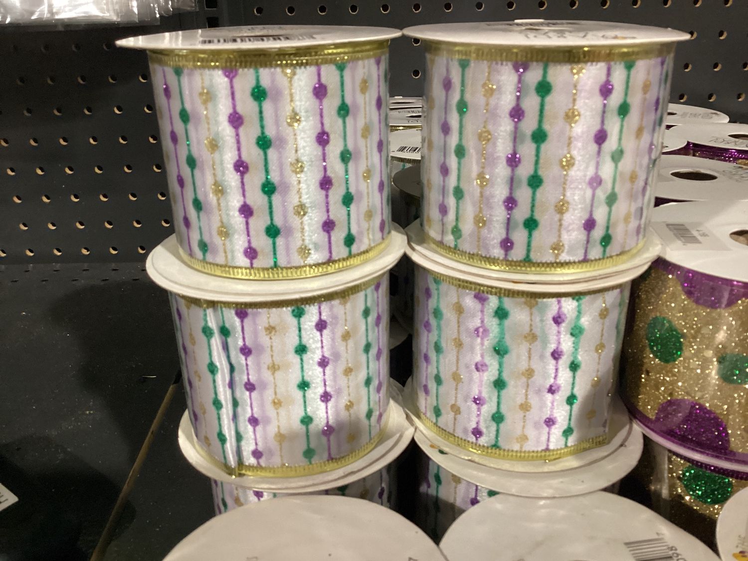 White Ribbon with Purple, Green and Gold Lines and Dots (Each)