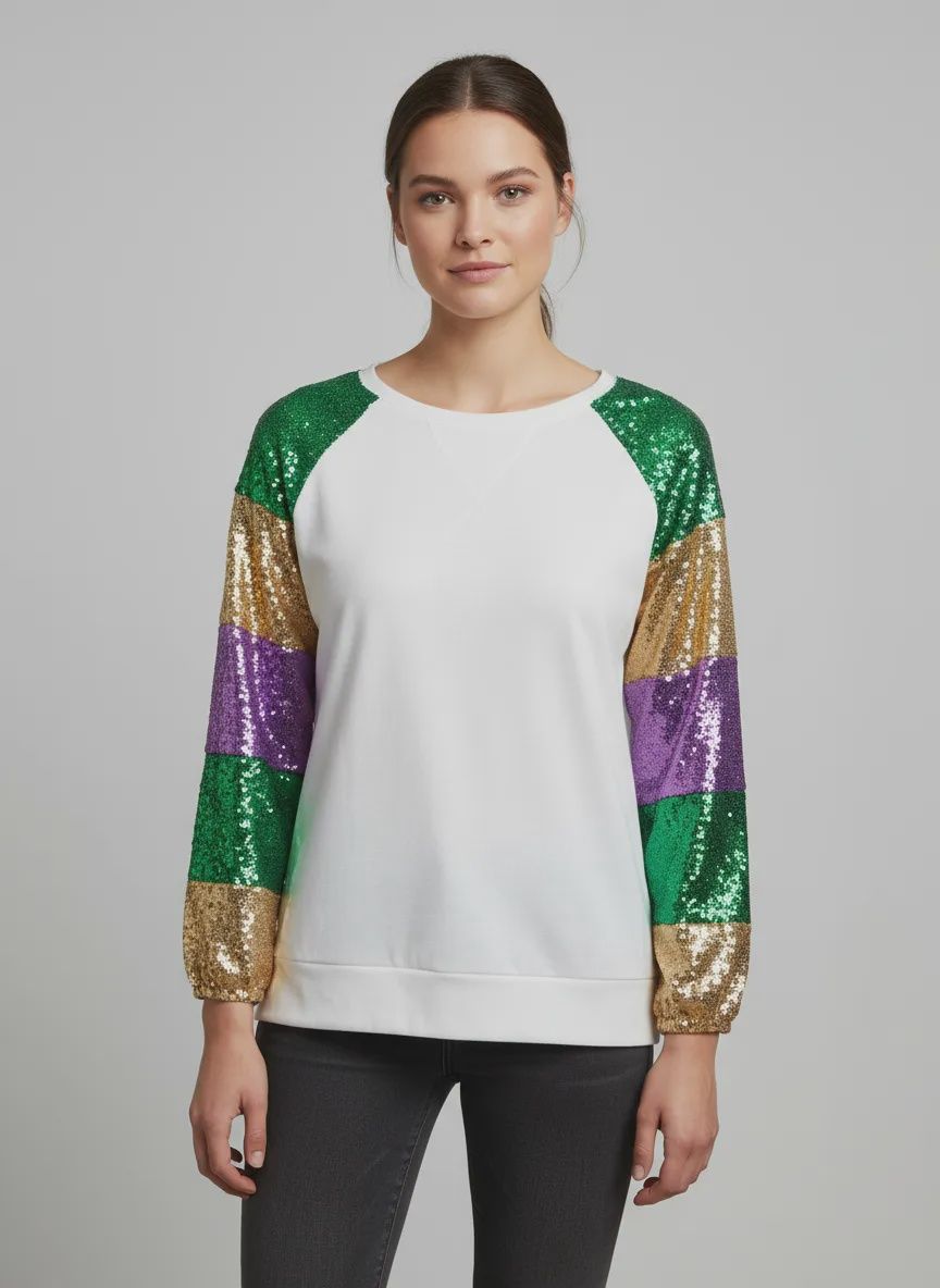 White Top with Mardi Gras Sequin Color Block Long Sleeves - Large (Each)
