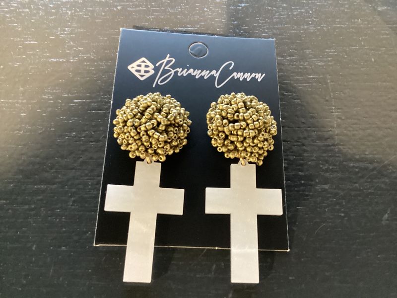 White Pearl Cross with Large Gold Glitter BC Logo Top