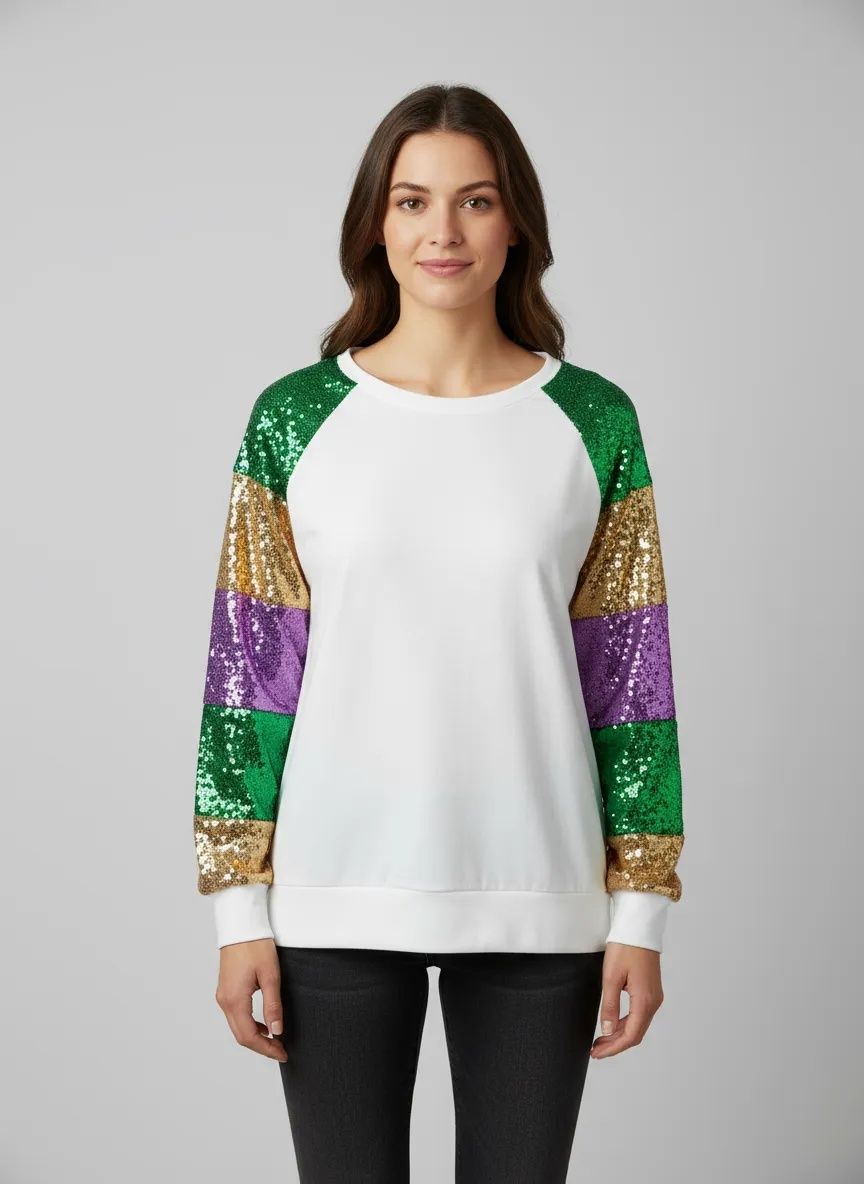 White Top with Mardi Gras Sequin Color Block Long Sleeves - XLarge (Each)