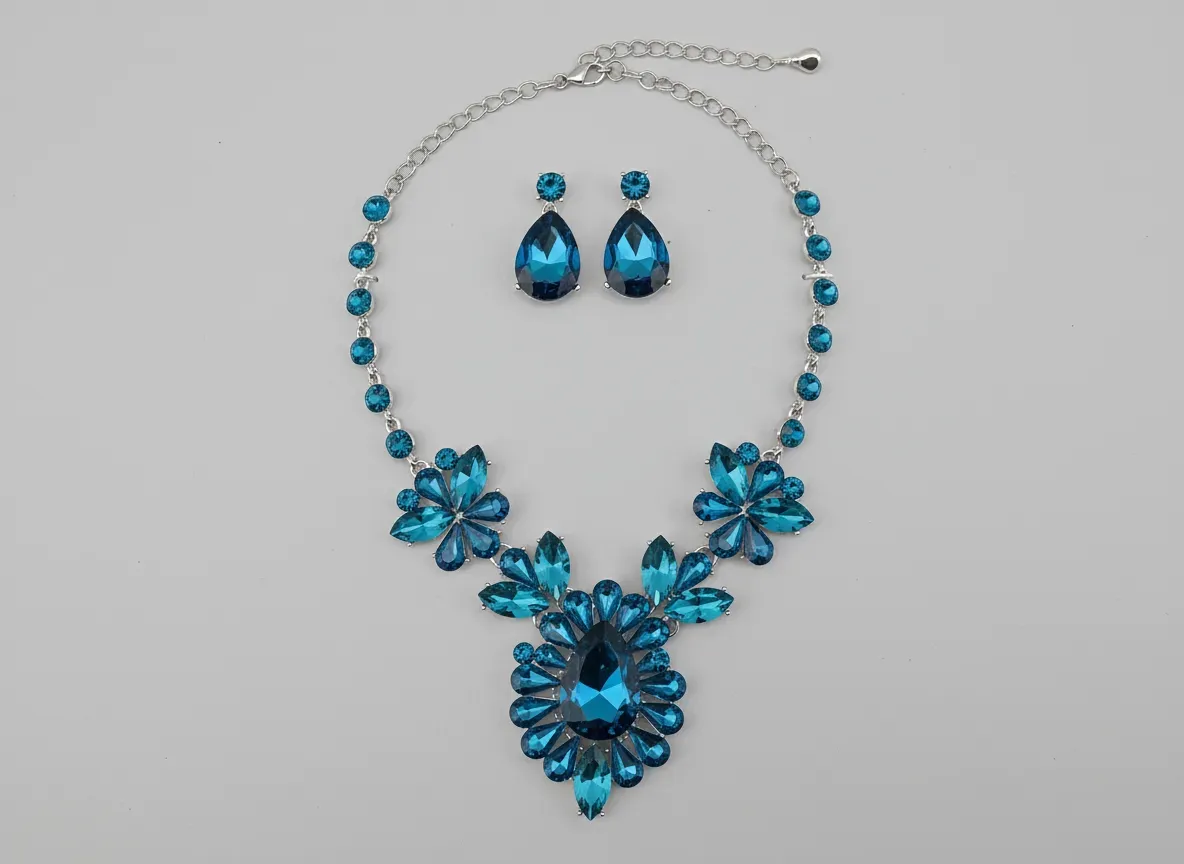 64339_Silver/Blue, multi rhinestone shape evening necklace