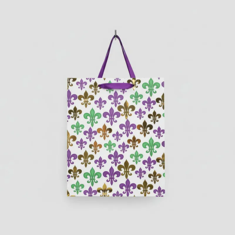 10&quot; x 12&quot; Mardi Gras Fleur De Lis Gift Bag with Gold Foil (Each)