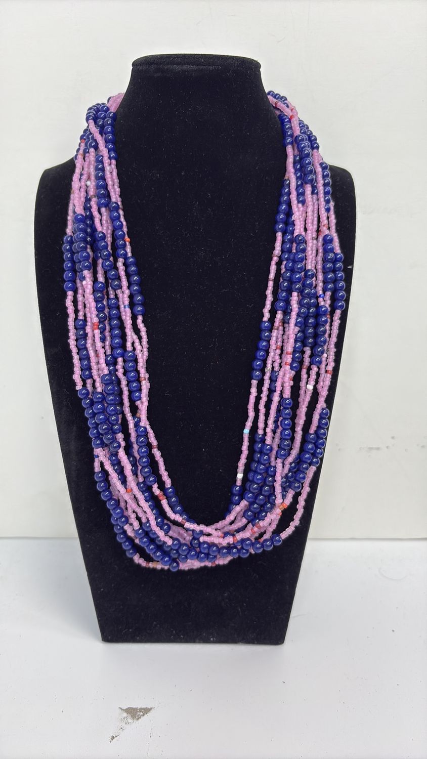 27" Blue and Mauve Glass Bead Necklace (Dozen)