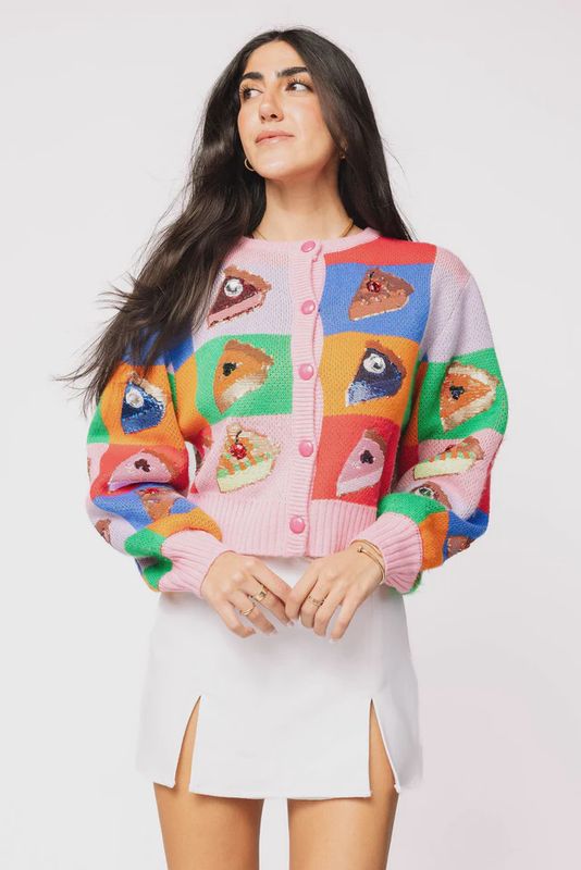 Rainbow Colorblock Piece of Pie Button Up Sweater