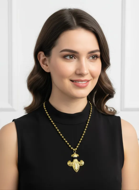 33&quot; Black and Gold Fleur de Lis with 7.5mm Gold Mardi Gras Beads (DOZEN)