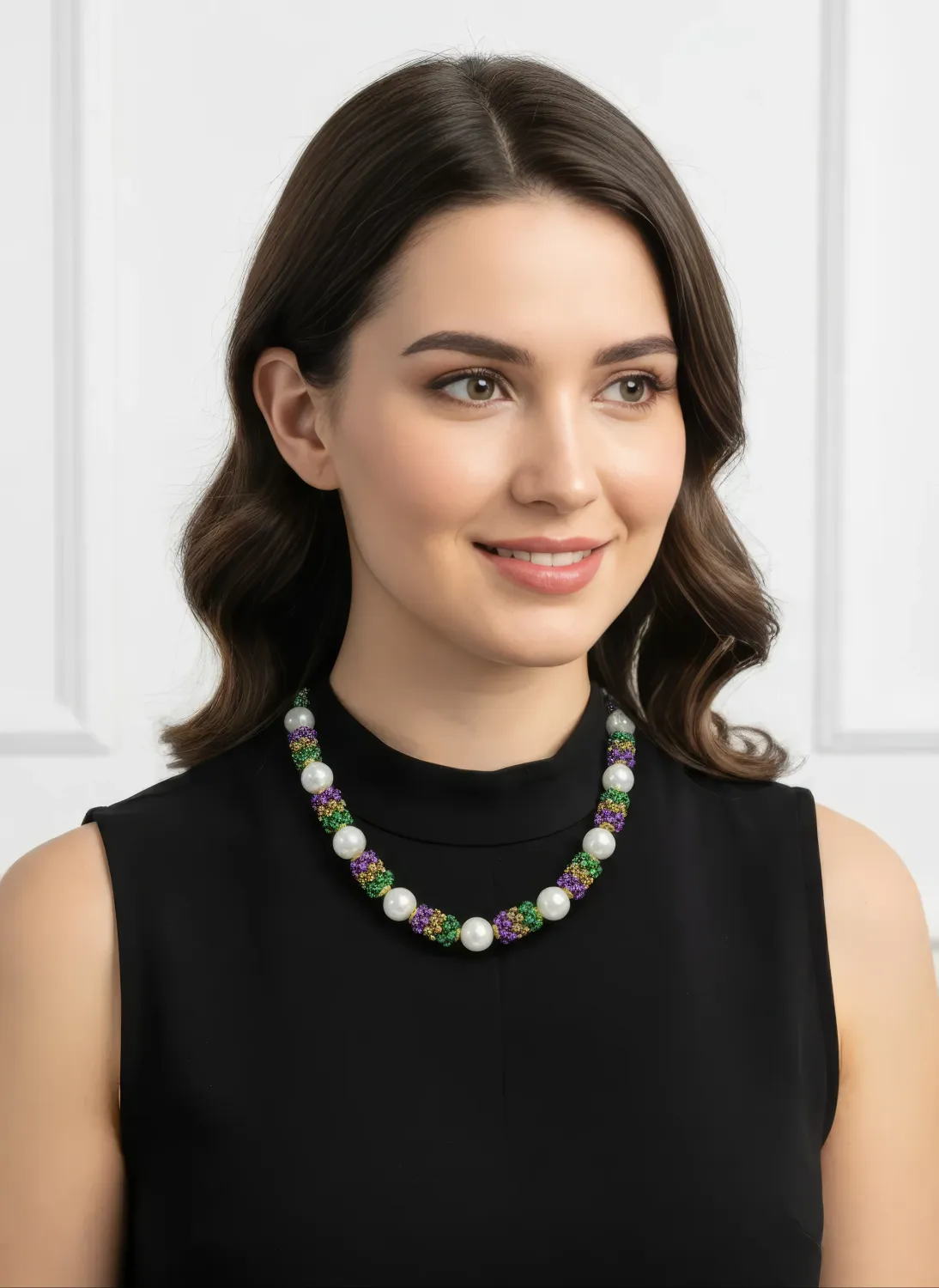 42" Purple, Green and Gold with White Pearl Mardi Gras Bead (Dozen)