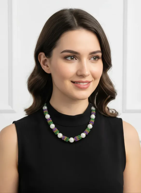 42&quot; Purple, Green and Gold with White Pearl Mardi Gras Bead (Dozen)