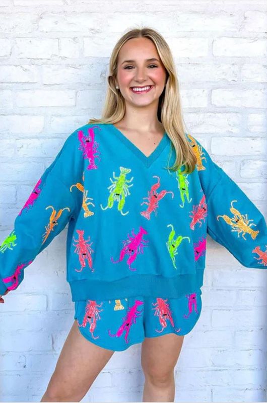 Teal Neon V Neck Crawfish Sweatshirt - Small