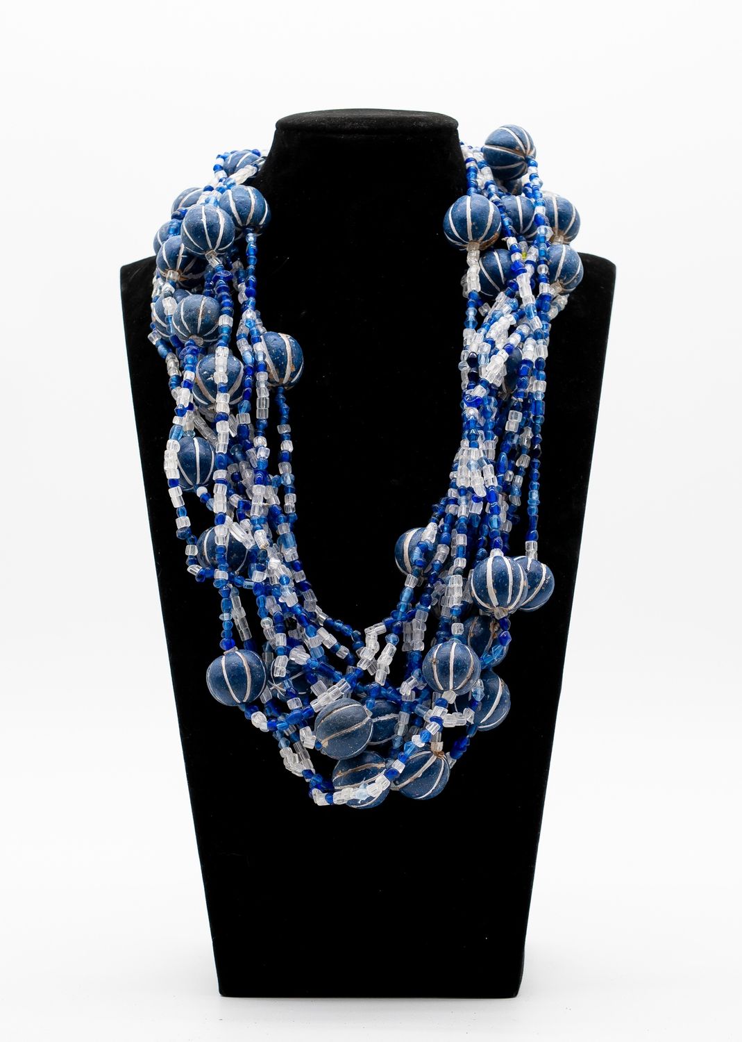 27" Blue &amp; White Glass and Clay Bead Necklace (Dozen)