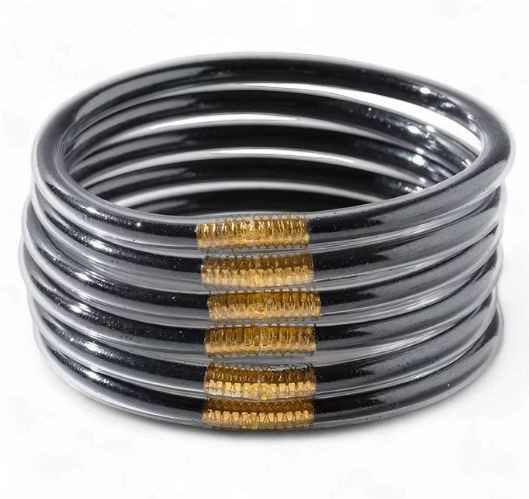 Black and Gold Jelly Bangle Bracelet Set (Pack of 6)