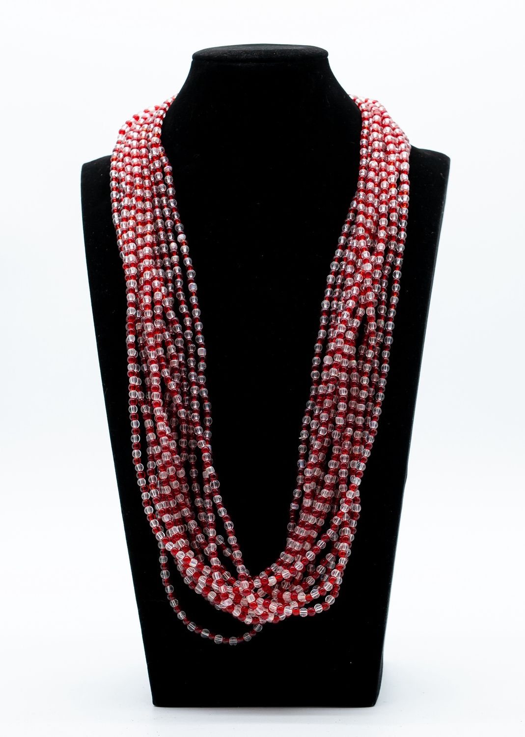 27" Clear/Red Glass Bead Necklace (Dozen)