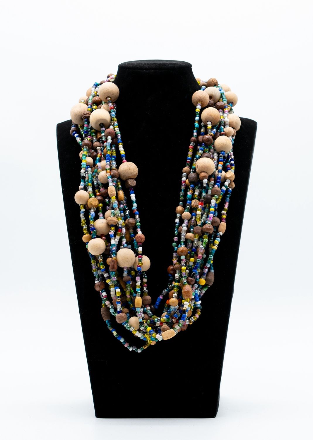 27" Multi Glass and Round Wooden Bead Necklace (Dozen)