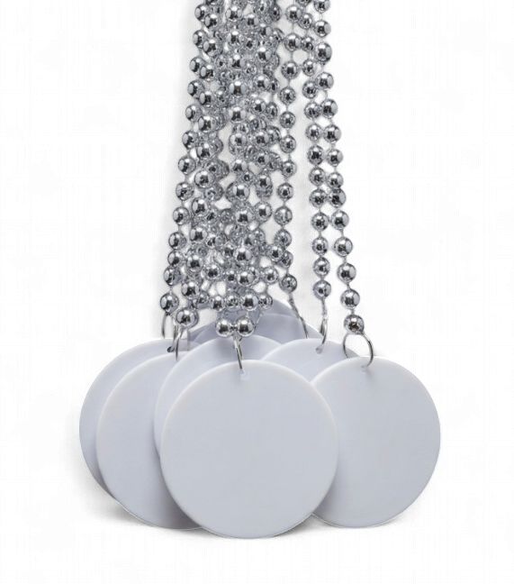 33" 7mm Metallic Silver Bead Necklace with 2.5" White Disc (Dozen)