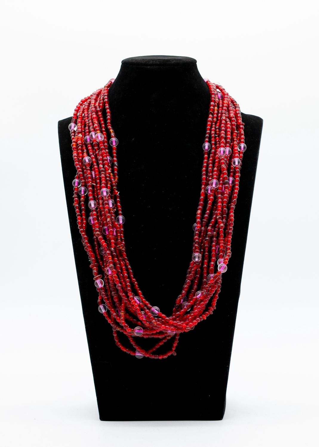 27" Red Multicolor Glass Bead Necklace (Dozen)