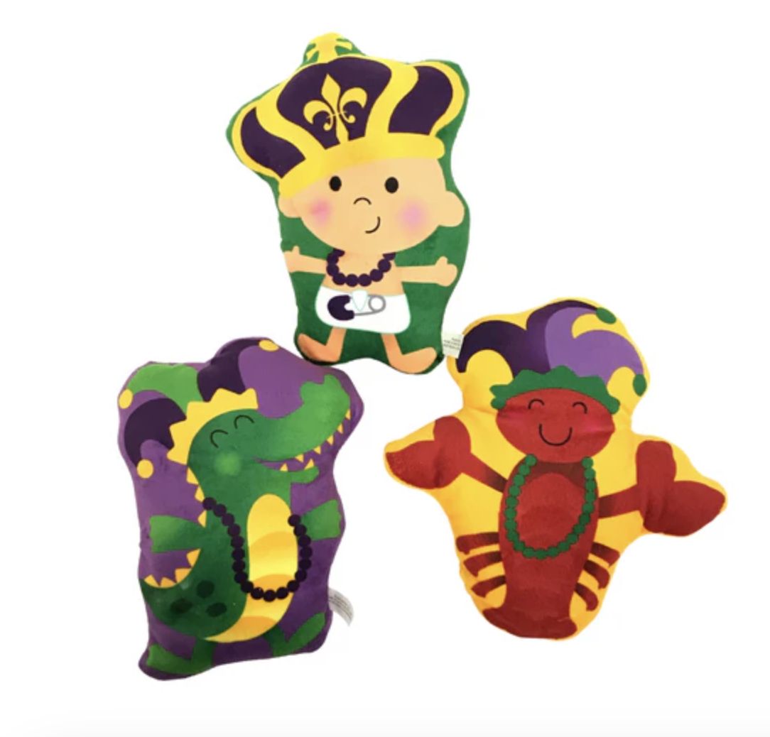 8" Carnival Mascots King Cake Baby, Crawfish and Alligator Assorted Plush Pieces (Dozen)