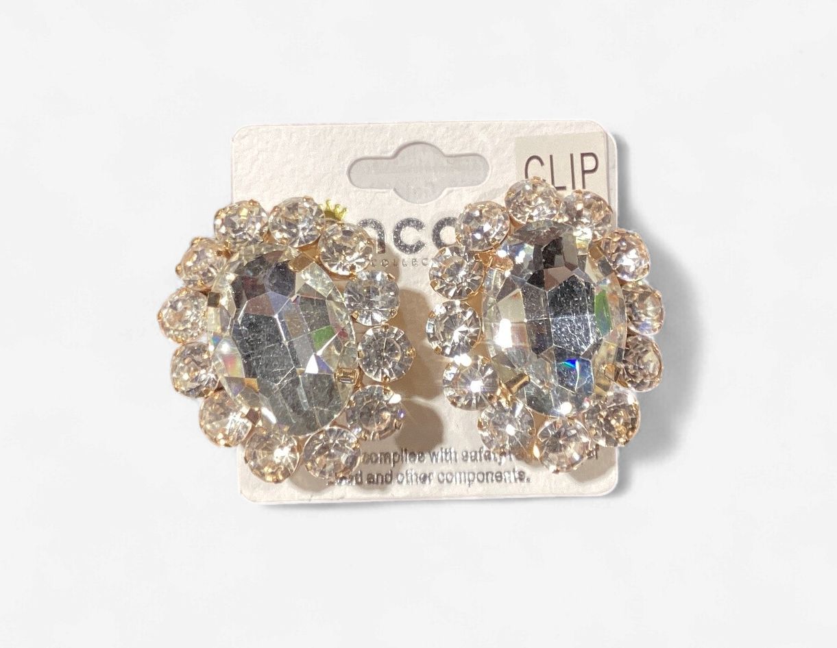 91860_Gold/Clear, oval accent rhinestone clip on earring