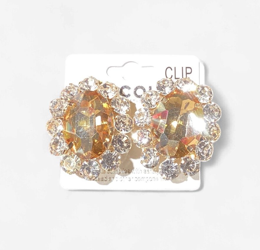 91860_Gold/Topaz, oval accent rhinestone clip on earring
