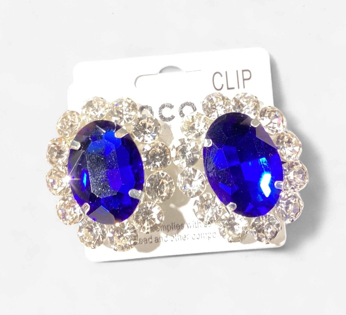 91860_Silver/Royal Blue, oval accent rhinestone clip on earring