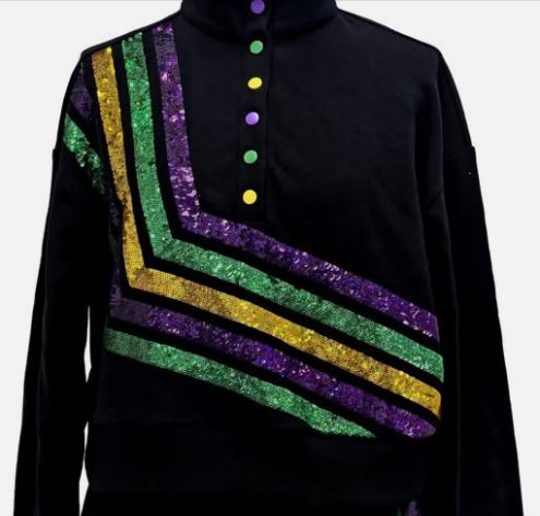 Black Mardi Gras Diagonal Henley Sweatshirt