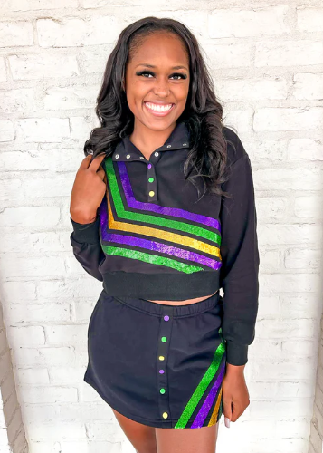 Black Mardi Gras Diagonal Henley Sweatshirt