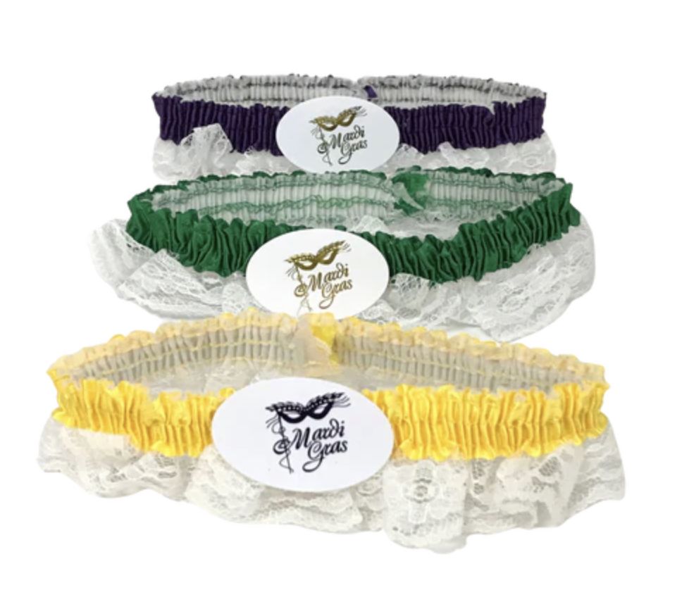 Assorted Purple, Green and Gold Garters with White Lace (Dozen)