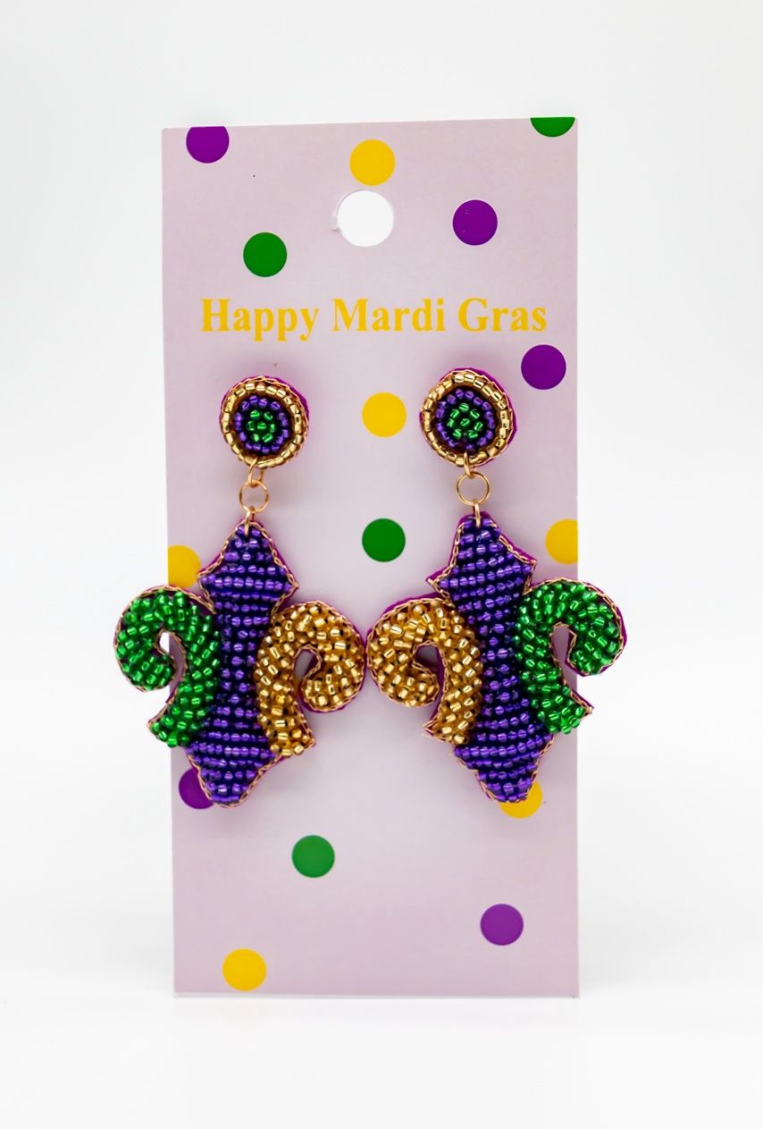 Beaded Purple, Green, and Gold Fleur de Lis Earrings (Pair)