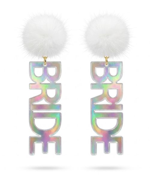 Bride Iridescent Earrings White Puff Post