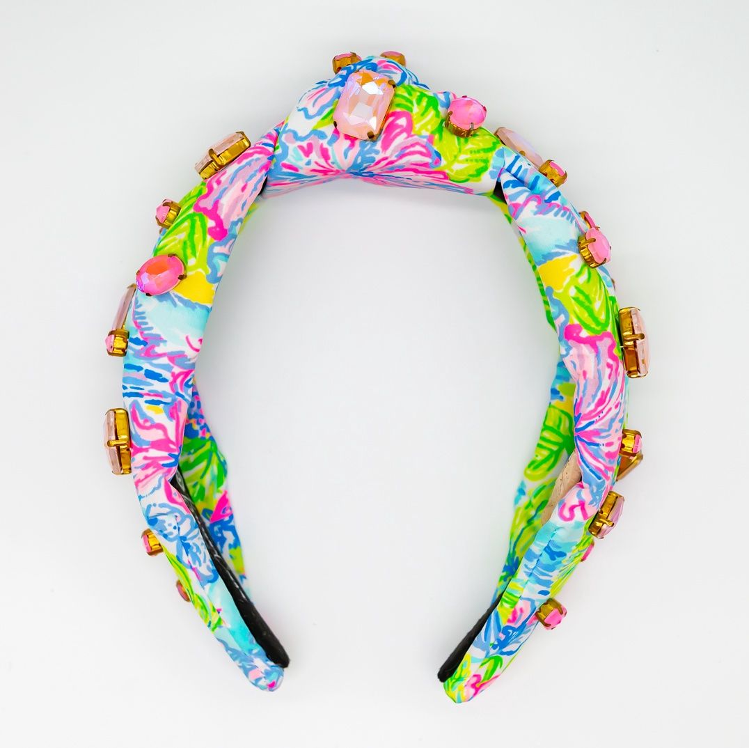 Bright Floral Headband with Large Pink Iridescent Crystals