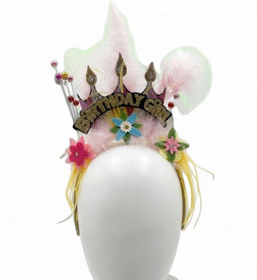 Birthday Girl Headband, PVC/Cardboard/Marabou, 4"