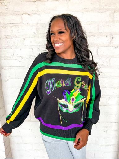 Black Striped Mardi Gras Mask Sweater